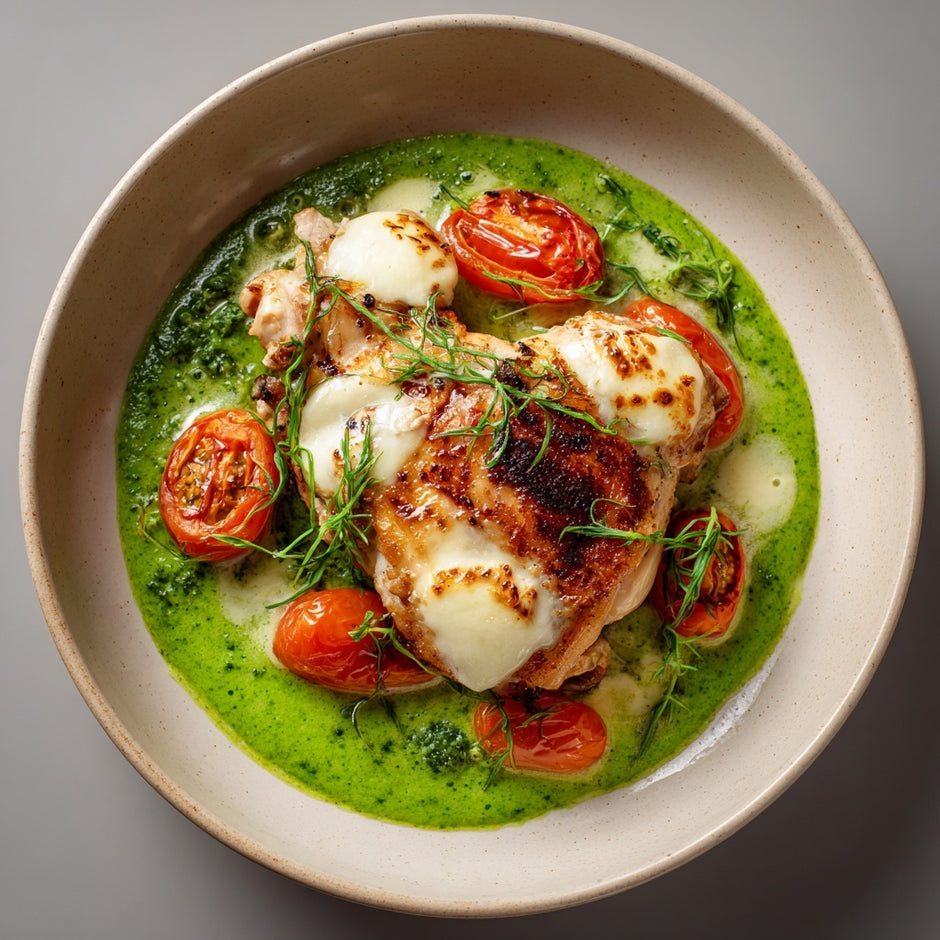 Poulet Caprese Erbsenpüree