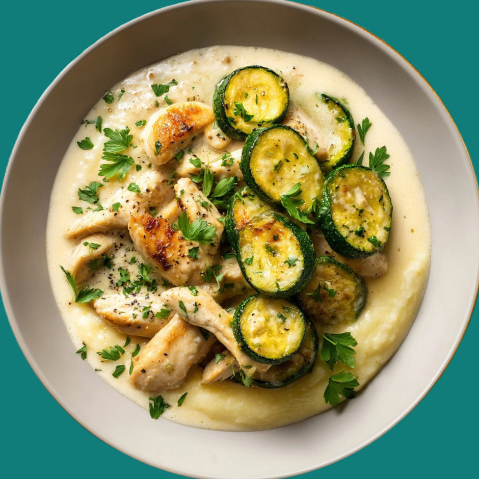 Creamy chicken in cheese sauce with polenta