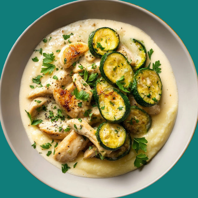 Émincé de poulet sauce au fromage avec polenta