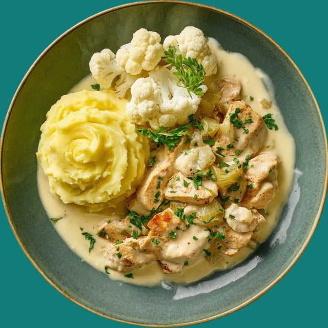 Sliced chicken in jus