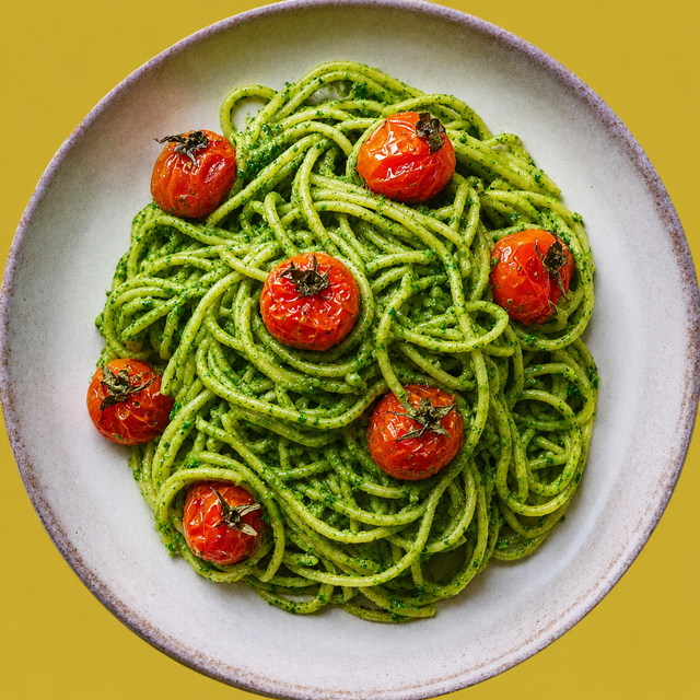 Spaghetti an Basilikumzitronen Pesto