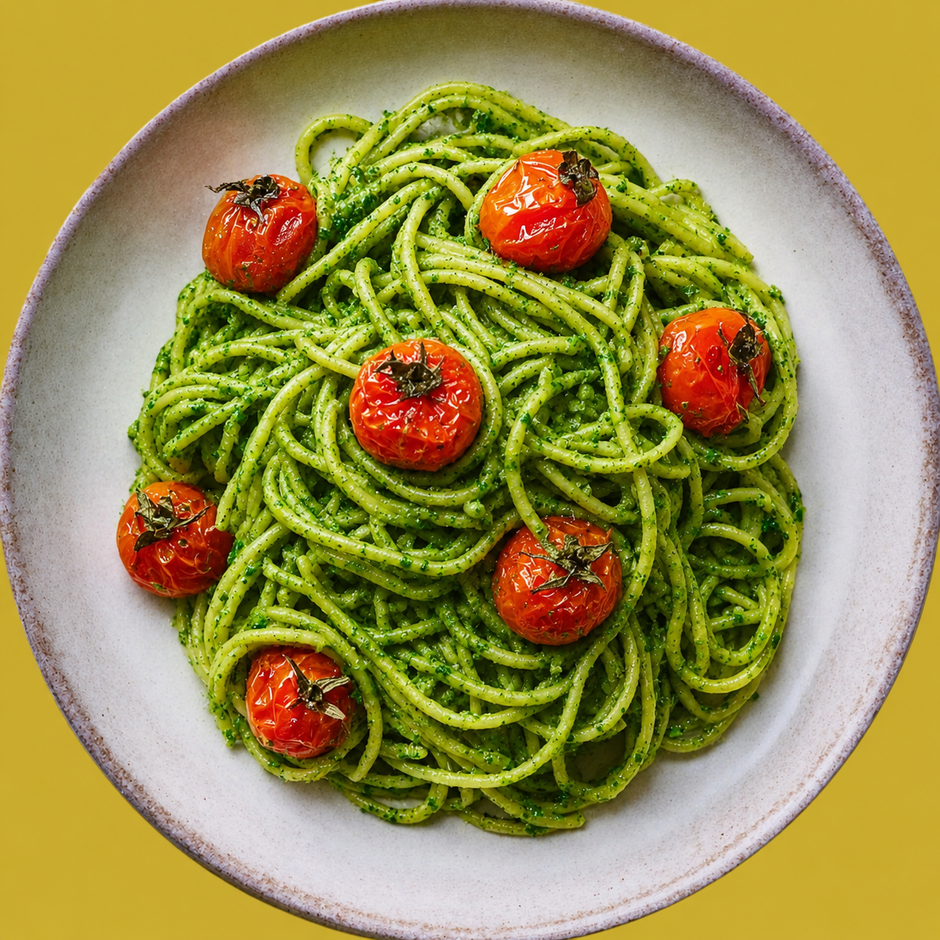 Spaghetti an Basilikumzitronen Pesto
